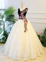 Champagne Tulle Black Velvet V-neck Appliques Quinceanera Dress