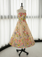 Champagne Tulle Embroidery Strapless Tea Length Prom Dress