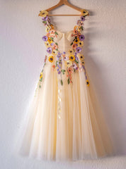 Champagne Tulle Flower Straps Homecoming Dress