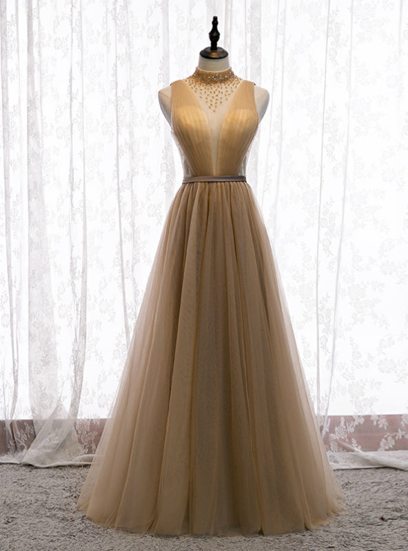 Champagne Tulle High Neck Pleats Beading Backless Long Prom Dress