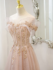 Party Dresses Summer Dresses 2026, Champagne Tulle Lace A line Long Prom Dress, Lace Champagne Evening Dress