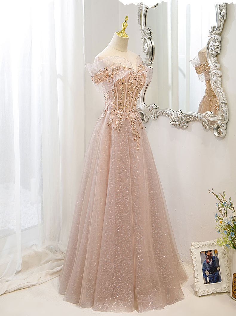 Party Dress Sleeves, Champagne Tulle Lace A line Long Prom Dress, Lace Champagne Evening Dress