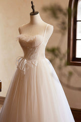 Champagne Tulle Lace Long Prom Dress, A-Line Spaghetti Straps Backless Evening Dress