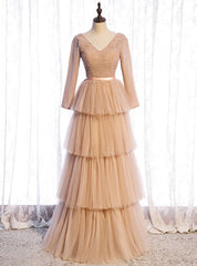 Champagne Tulle Long Sleeve V-neck Pleats Prom Dress