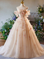 Champagne Tulle Off the Shoulder 3D Flower Prom Dress