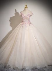 Champagne Tulle Pink Sequins Off the Shoulder Quinceanera Dress