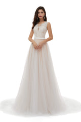 Wedding Dresses Brides, Champagne Tulle Scoop Neck Lace Appliques Beading Wedding Dresses