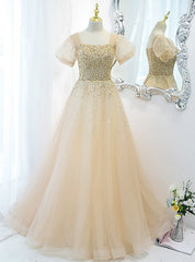 Champagne Tulle Sequins Square Short Sleeve Prom Dress