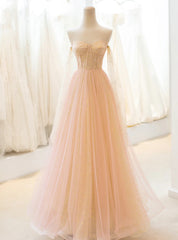 Champagne Tulle Sequins Strapless Prom Dress