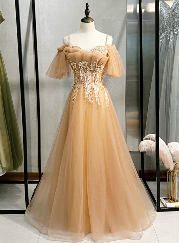 Champagne Tulle Spaghetti Straps Beading Prom Dress