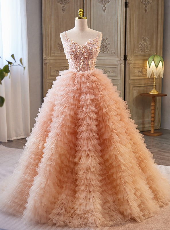 Champagne Tulle Tiers Sequins Quinceanera Dress