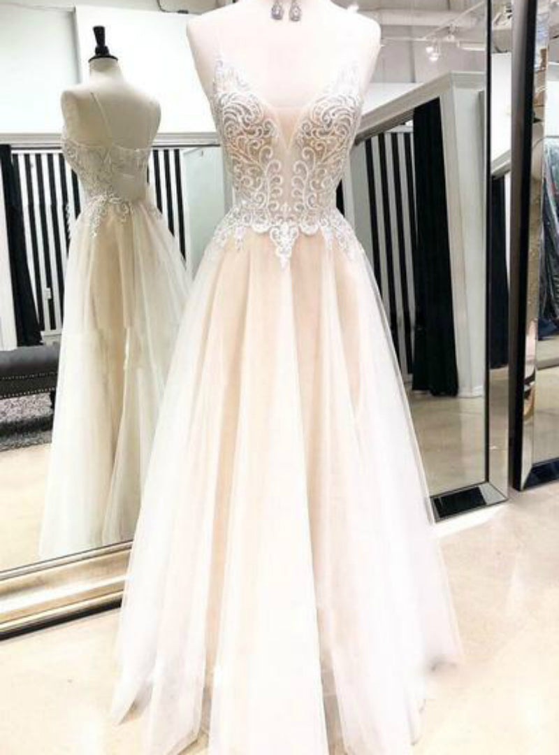 Champagne Tulle V Neck Lace Backless Long Prom Dress