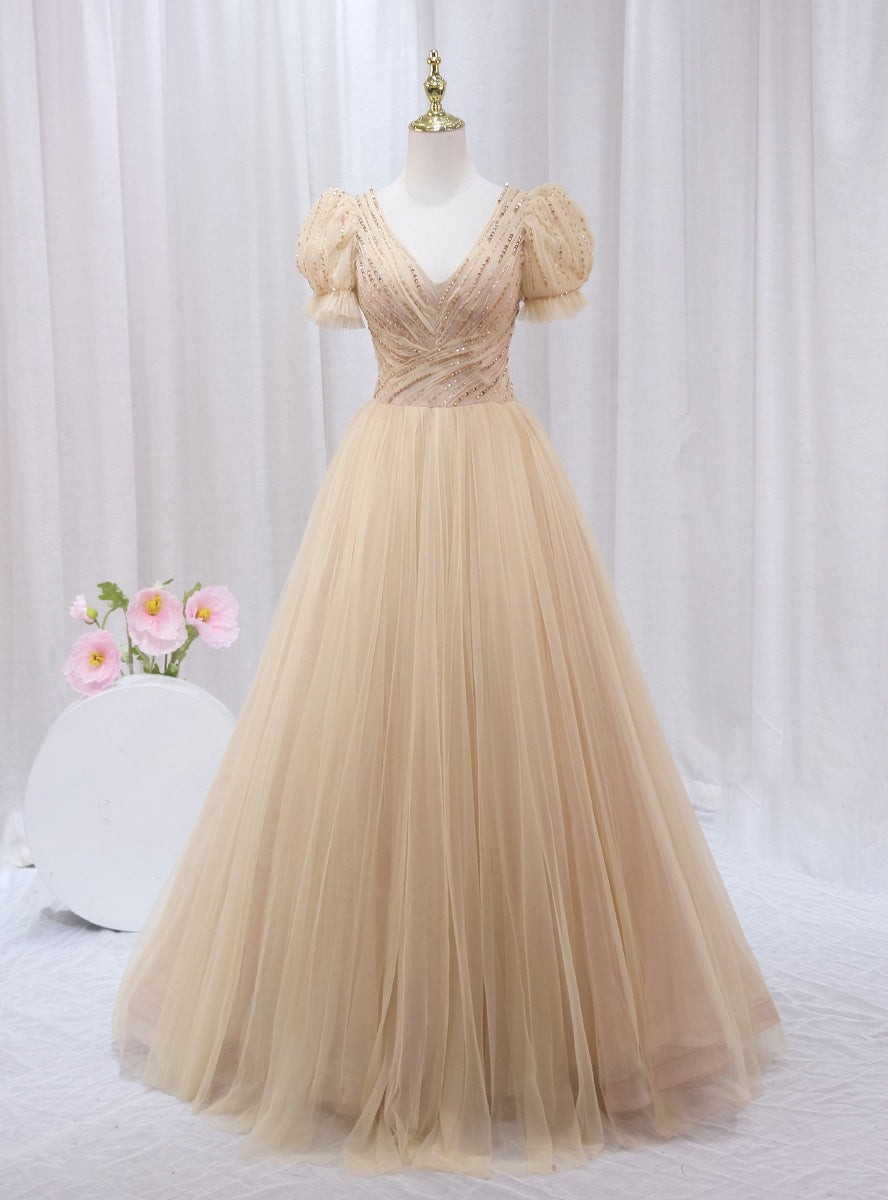 Champagne Tulle V-neck Short Sleeve Pleats Beading Prom Dress