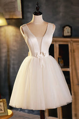 Party Dresses Long Dress, Champagne V-Neck Tulle Short Prom Dress, Champagne Homecoming Dress