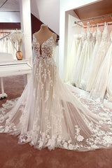 Wedding Dresses Under 104, Charming Long A-Line Spaghetti Straps Appliques Lace Tulle Backless Wedding Dress