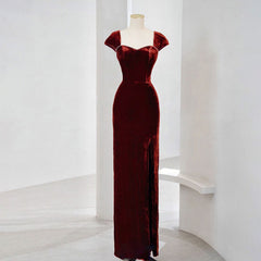 Wedding Dress Shop, Charming Wine Red Velvet Cap Sleeves Long Party Dress, Wedding Party Dresses