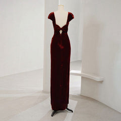 Wedding Dresses Cheap, Charming Wine Red Velvet Cap Sleeves Long Party Dress, Wedding Party Dresses