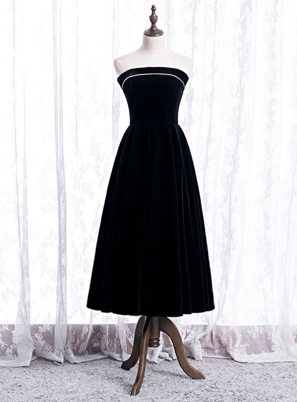 Cheap Black Velvet Strapless Tea Length Prom Dress