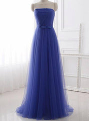 Cheap Blue Tulle Strapless Long Simple Prom Dress With Bow