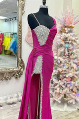 Bridesmaid Dresses For Beach Wedding, Chic Asymmetrical Fuchsia Beaded Long Prom Dress,Green Dinner Dresses