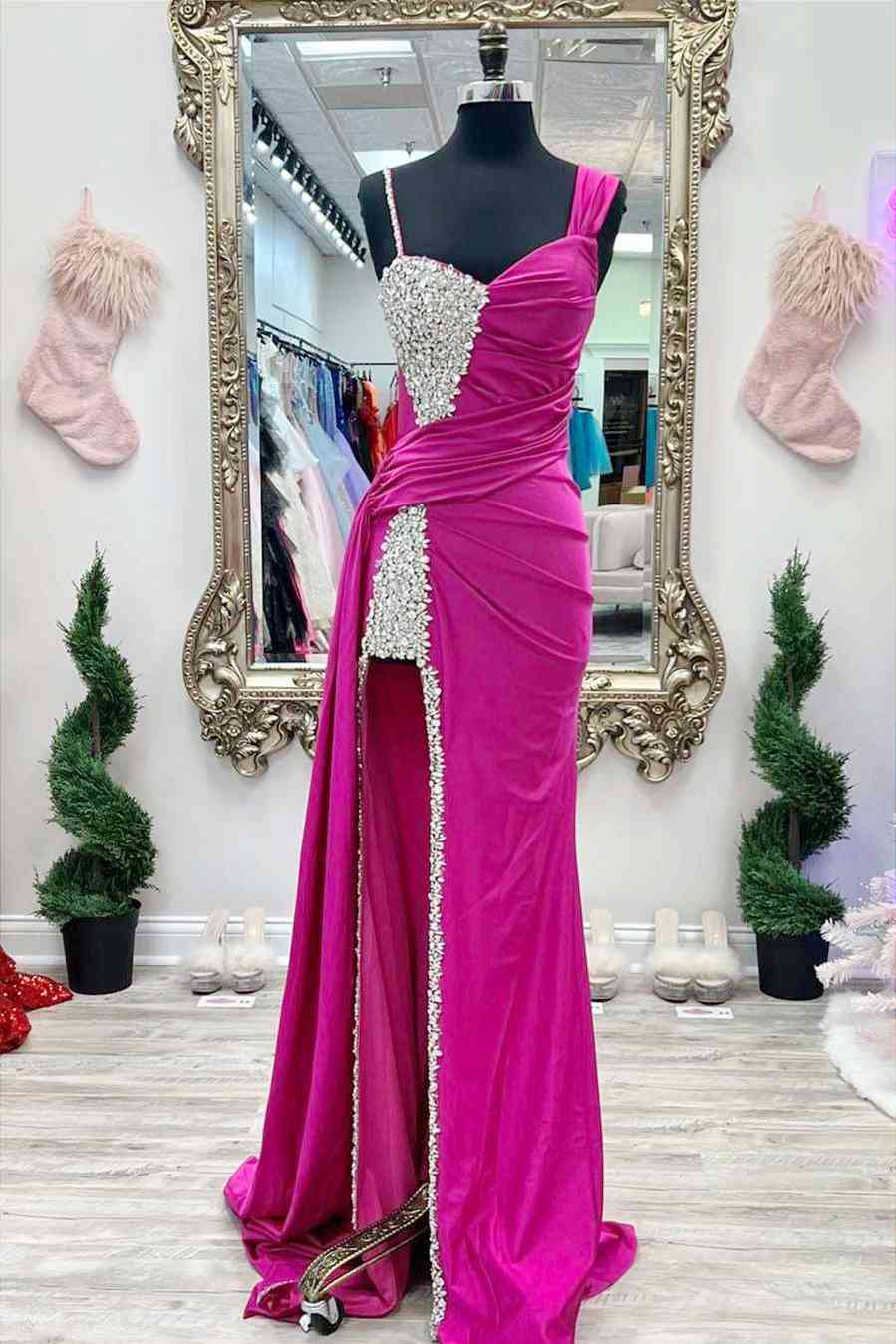 Bridesmaids Dresses For Beach Wedding, Chic Asymmetrical Fuchsia Beaded Long Prom Dress,Green Dinner Dresses