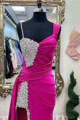 Bridesmaids Dresses For Beach Weddings, Chic Asymmetrical Fuchsia Beaded Long Prom Dress,Green Dinner Dresses