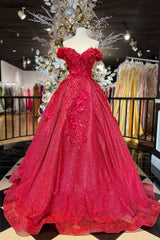 Chic Ball Gown V Neck Beads Appliques Red Off-the-Shoulder Long Quinceanera Dresses With Petticoat