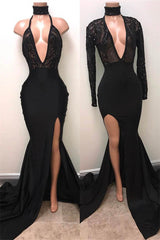 Chic Black High Neck Lace Front Split Mermaid Prom Party Gowns