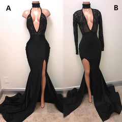 Chic Black High Neck Lace Front Split Mermaid Prom Party Gowns