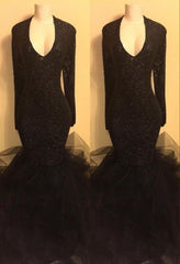 Chic black sequins prom dress, ruffles evening dress