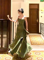 Chic Green Straps Sweetheart Long Formal Dress, Green Prom Dress Evening Dress