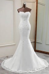 Wedding Dress Bridesmaids, Chic Long Mermaid Strapless Lace Appliques Wedding Dress