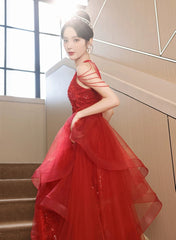 Chic Red Tulle Halter A-Line Long Evening Dress, Tulle Prom Dress Party Dress