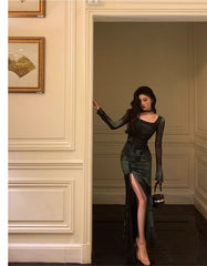 Chic Sheath Square Neckline Long Sleeves Green Long Prom Dresses Birthday Dress