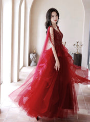 Chic V-neckline Tulle Floor Length Party Dress, Wine Red Tulle Prom Dress