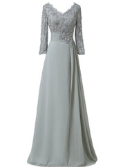 Chiffon Lace 3/4 Sleeve Double V Neck Grey Beading Mother of the Bride Dresses