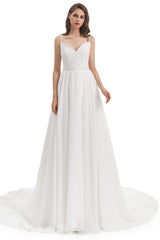 Wedding Dress Ideas, Chiffon Lace Spaghetti Straps Beading Wedding Dresses