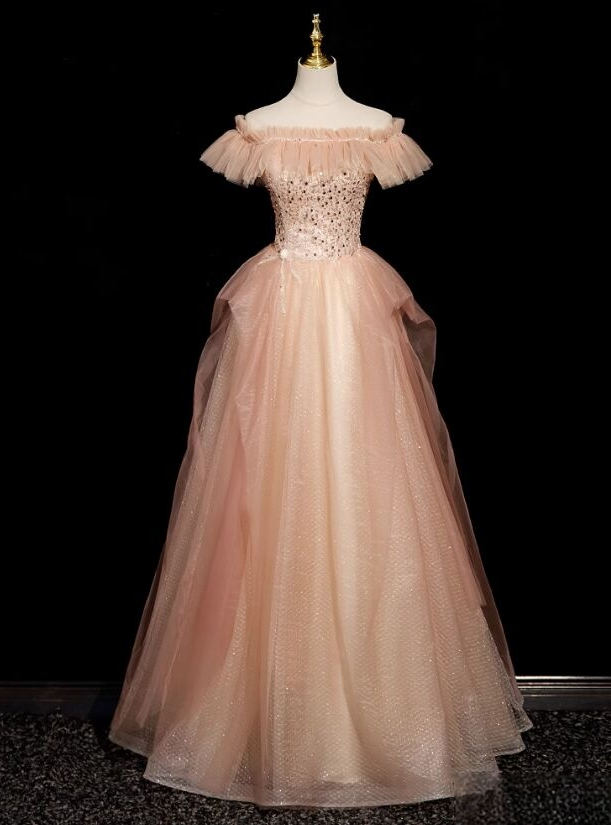 Chmpagne Pink Tulle Off the Shoulder Pearls Prom Dress