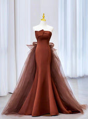 Coffee Satin Tulle Strapless Prom Dress