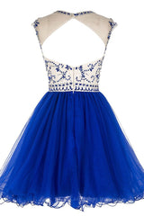 Prom Dresses Sites, Custom Made Round Neck Cap Sleeves Beading Black Short Prom Dresses Royal Blue Homecoming Dresses, Evening Dresses 2019