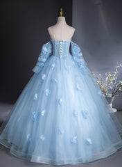 Cute Blue Tulle With Flowers Long Formal Dress, Blue Evening Gown Sweet 16 Dress