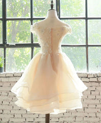 Formal Dress For Beach Wedding, Cute Champagne Organza Layers Knee Length Homecoming Dress with Lace, Short Prom Dress