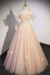 Prom Dresses For Brunettes, Cute Flowers Tulle Long Formal Dresses, Off Shoulder Evening Dresses