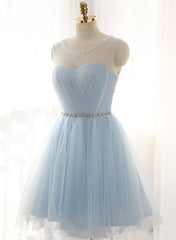 Floral Prom Dress, Cute Light Blue Homecoming Dress With Belt, Lovely Short Prom Dress