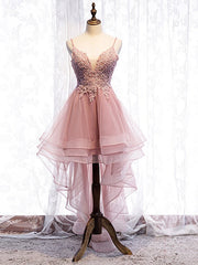 Cute Pink High Low Tulle with Lace Prom Dress High Low Homecoming Dress prom dresses shops