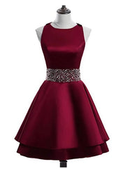 Formal Dresses Long Sleeves, Cute Satin Knee Length Cross Back Beaded Party Dress, Homecoming Dress