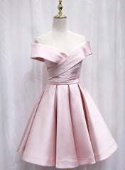 Dress Ideas, Cute Satin Pink Sweetheart Off Shoulder Knee Length Party Dress, Short Prom Dress