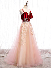 Cute Straps Velvet and Tulle Long Party Dress, A-line Evening Gown