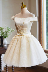 Cute Tulle Lace Knee Length Prom Dress, Champagne Off the Shoulder Evening Party Dress