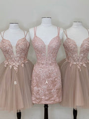 Homecoming Dress Short, Cute tulle pink lace short prom dress, cute lace homecoming dress